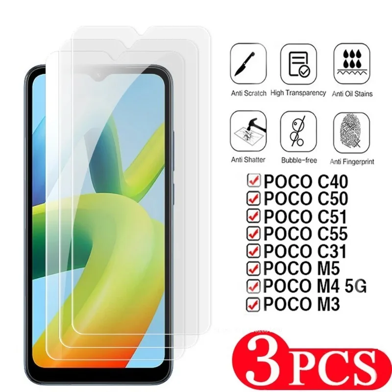 3Pcs Screen Protector for Xiaomi Poco M5 C50 C51 C55 Tempered Glass Protective Film for Poco F5 Pro C40 M4 5G M3 C31 Smartphone