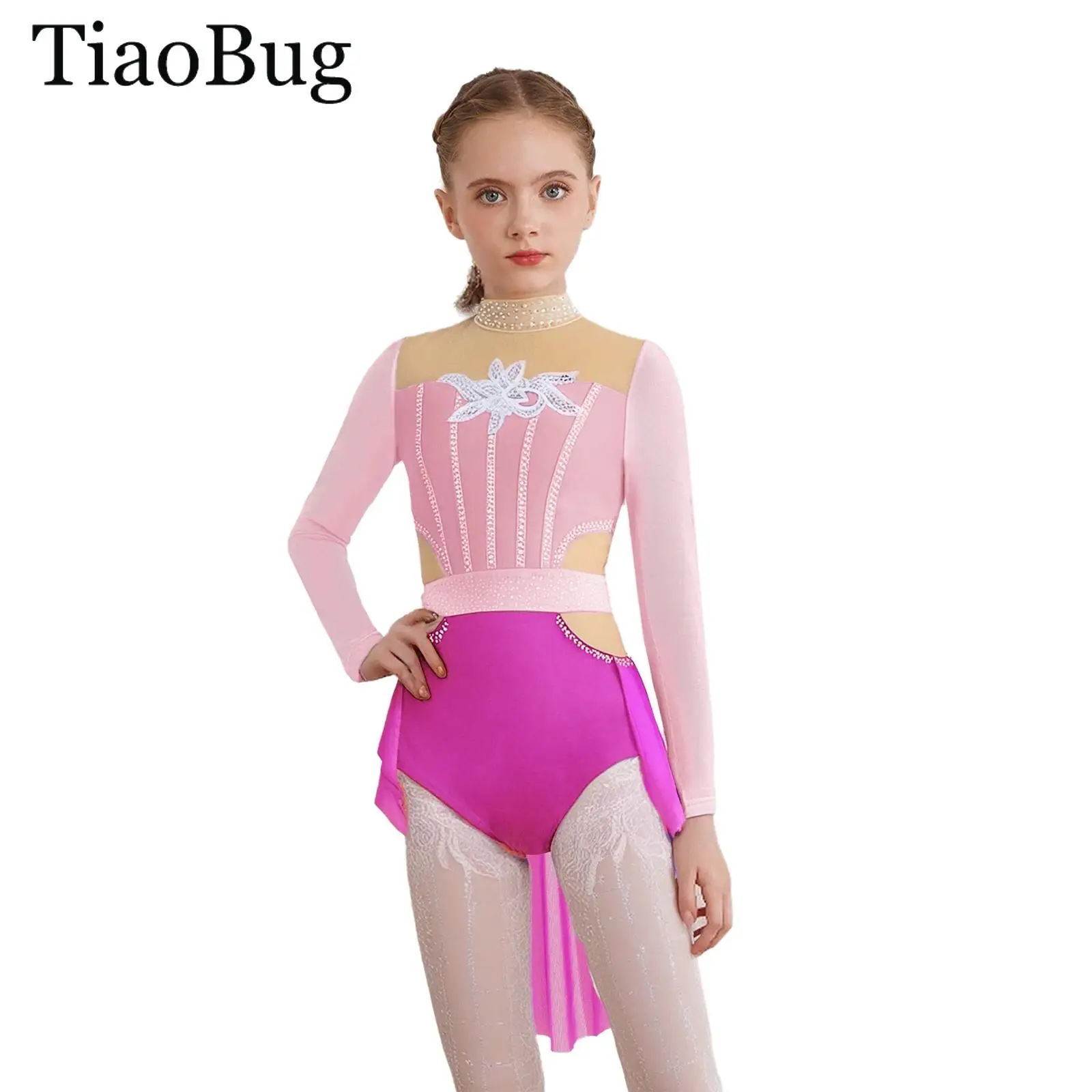 

Girls Shiny Rhinestones Ballet Jersey Gymnastics Skating Modern Lyrical Dance Costume Mock Neck Long Sleeve Mesh Skirted Leotard