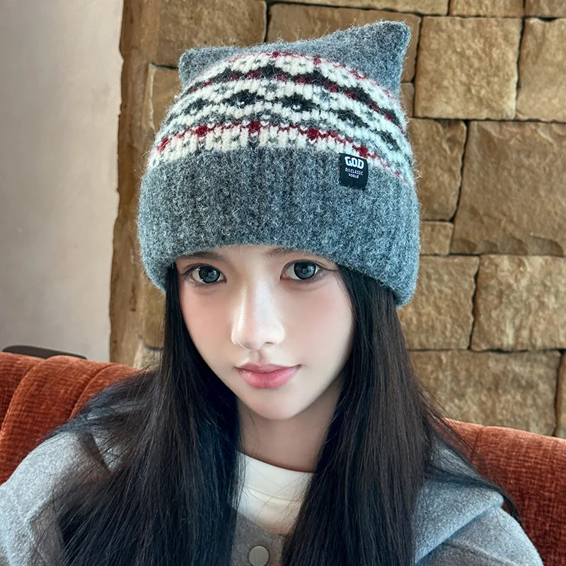 Women's Cute Cat Ear Fair Isle Jacquard Beanie Warm Winter Fuzzy Cuffed Hat Cozy Streetwear Knit Cap