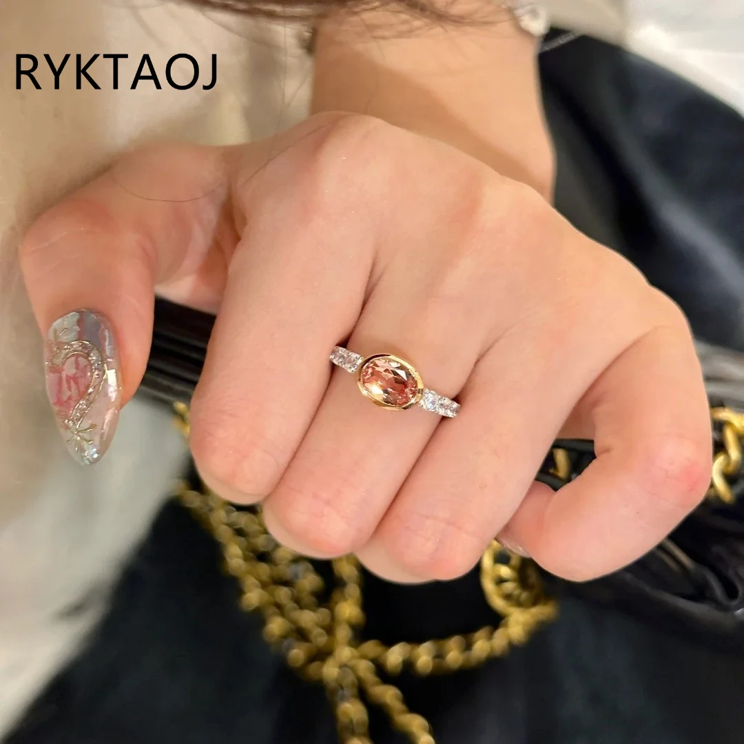 925 Sterling Silver Rose Gold Plated Oval Pink Cubic Zirconia Ring for Women Bezel‑Set Pink Gemstone Side CZ Band Jewelry Gift