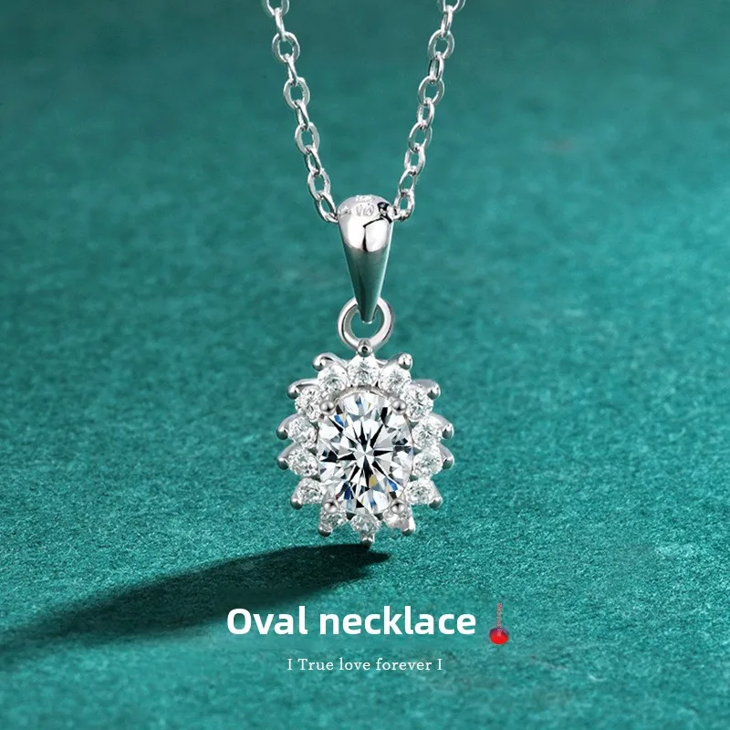 S925 Silver Platinum-Plated 1CT D-Color Moissanite Oval Pendant Necklace for Women