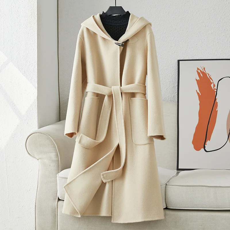 

2023 Off White Double-sided Cashmere Coat for Women's Mid Length New High-end Cow Horn Buckle 100 Pure Wool Coat