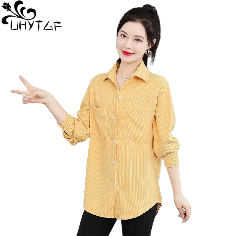 

UHYTGF 2022 New Spring Autumn Jacket Women's Korean Fashion Corduroy Thin Shirt Coat Mid-Length Casual Female Big Size Tops 2071