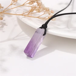 Healing Amethysts Pendant Necklaces Natural Stone Dalmation Rectangle Shape Charm Necklace For Men Black Leather Chain Necklaces