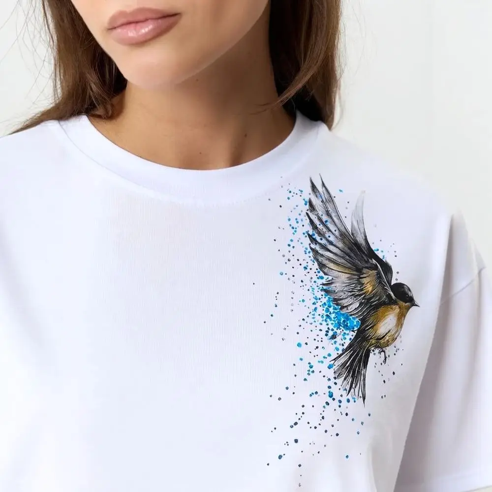 Women Summer Loose T Shirt Cotton Bird Print Short Sleeve Casual Crew Neck Breathable Soft Chic Basic Fashion Daily Top