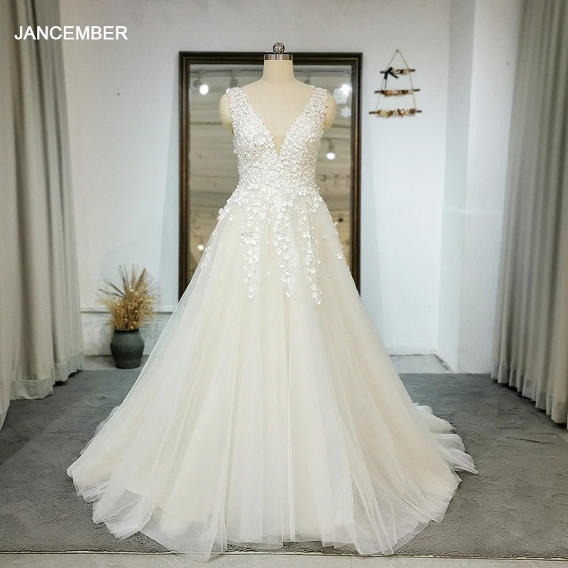 Customized Elegant Deep V-Neck Appliques Wedding Dresses A-Line Beach Bridal Gowns Backless Zipper Boho Vestido De Novia QW01310