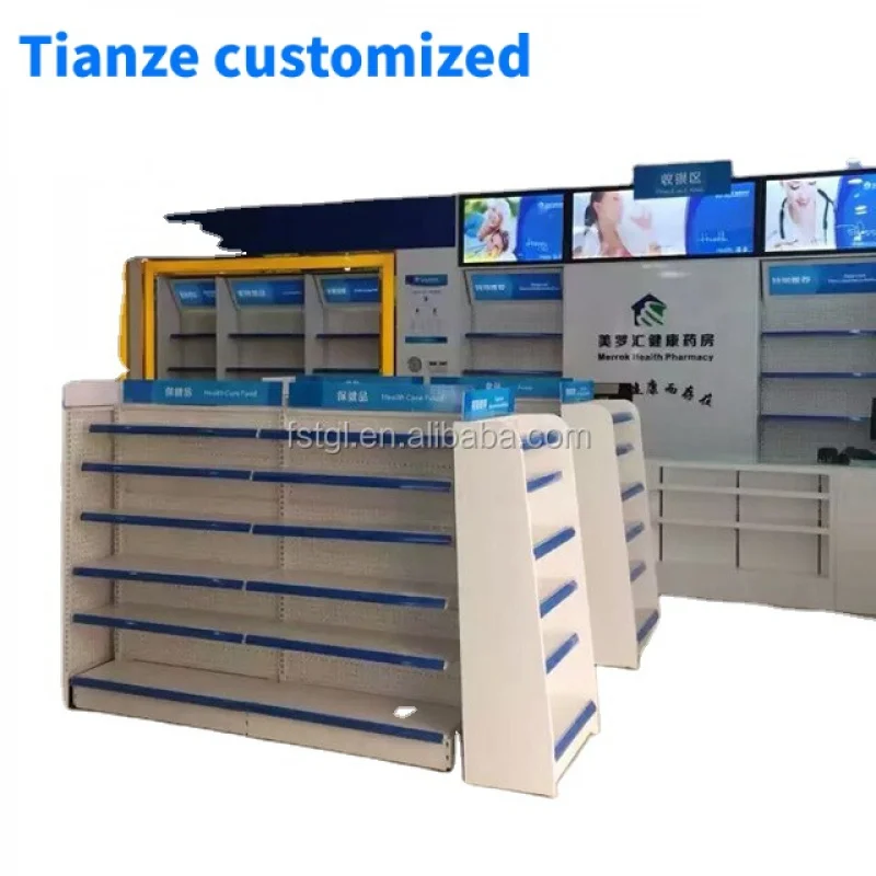 

(customized)Double-sided white color pharmacy shelves drug store metal racks