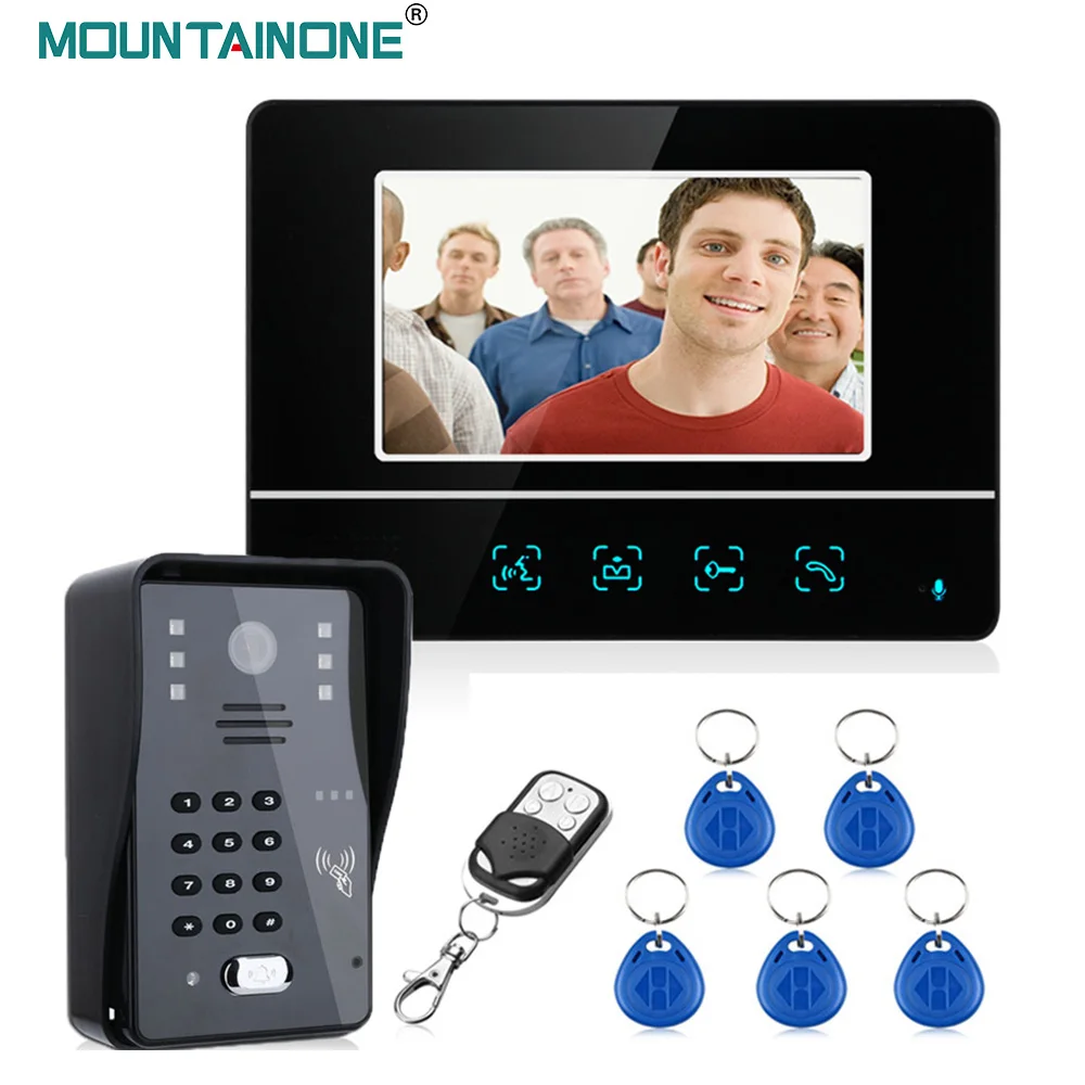 Wired Touch Key 7" Video Door Phone Intercom System 1 RFID Keypad Code Doorbell Camera 1 Monitor 1000TVL For Villa Apartment