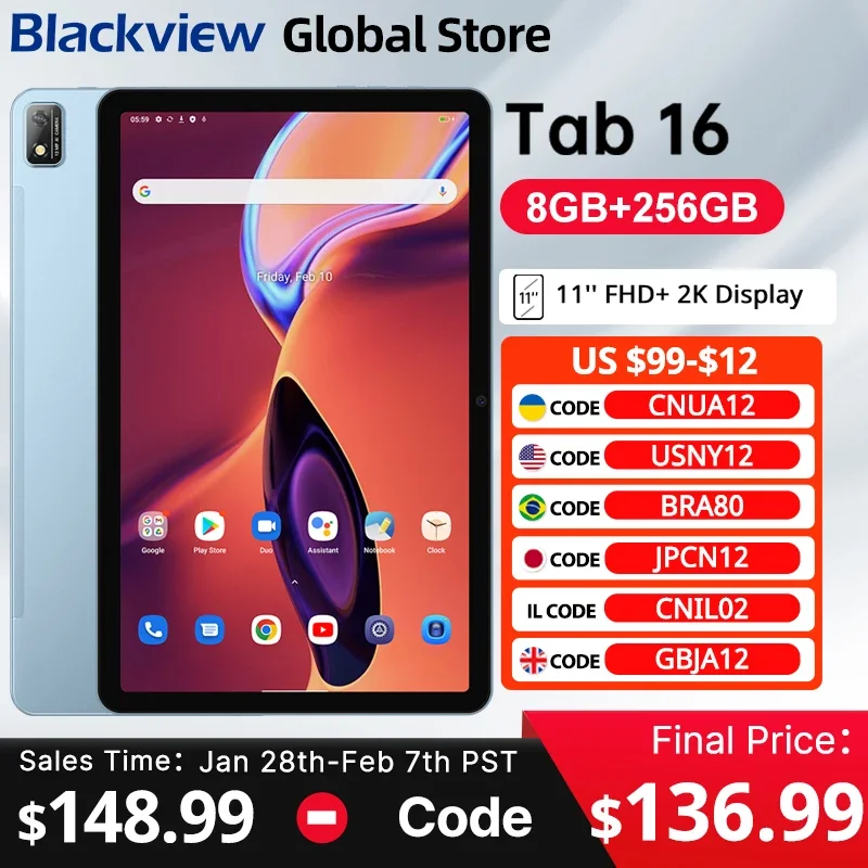 【العرض الأول في العالم】كمبيوتر لوحي Blackview Tab 16 Android 8GB+256GB 11''2k FHD+ شاشة 7680 مللي أمبير في الساعة بطارية Widevine L1 Unisoc T616 كمبيوتر لوحي