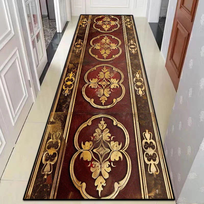Retro Luxury Golden Pattern Home Corridor Decor Rug Stair Carpet Non-slip Soft Lint-free Washable Entrance Long Mat Big Size