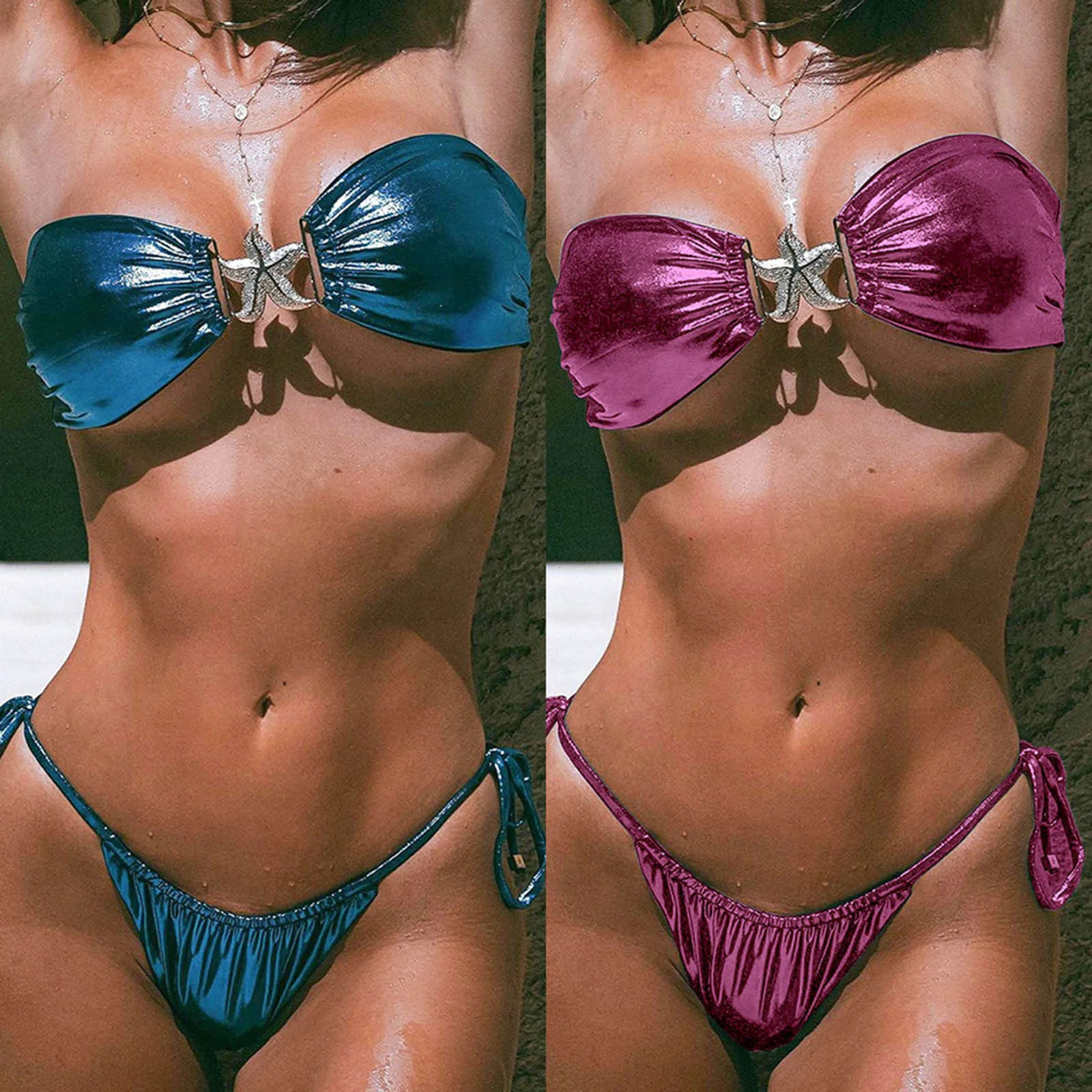 

Glossy Bikini 2024 Women's Clothing Swimsuit Summer Beach Vacation Outfits Thong Bathing Suit Bandeau Backless Swimwear