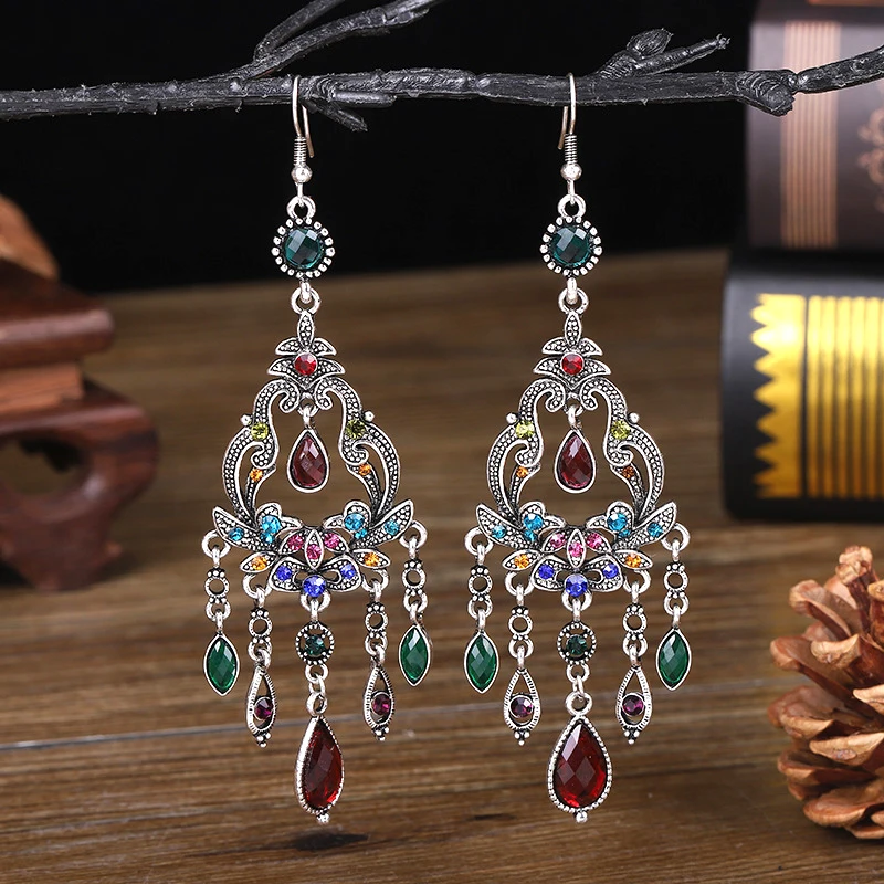 Vintage Ethnic Style Rhinestone Flower Shaped Water Drop Earrings for Women Elegant Long Texture Dangle Earring Female Jewelry