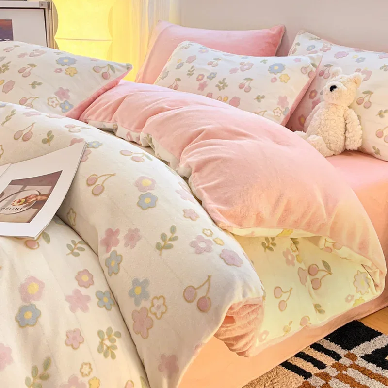 2025 new winter carved milk fleece four-piece set thickened coral fleece quilt cover flannel bedding