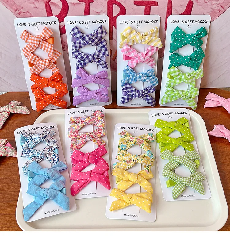 2026 4PCS/Set Kids Hair Clips Gingham Floral Bow Hair Barrettes No Hurt Hair Non Slip Soft Fabric Toddler Girls Accessories Gift