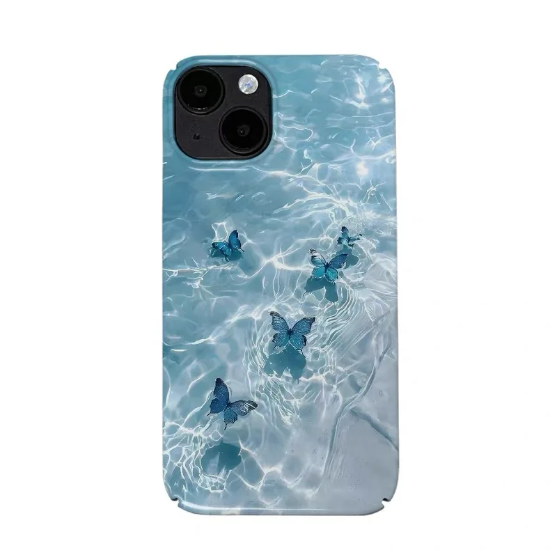 

Ins Korean Glass Sea Blue Butterfly Art Phone Case for IPhone 17 16E 15 14 Plus 13 Mini 11 Pro Max 12 Pro Back Cover XS XR Case