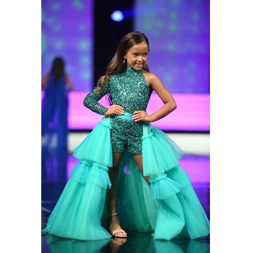 Cute Girl Party Gown One Shoulder Turquoise Party Dresses Vestido Longo LLittle Girl Dresses Sequin Overskirt