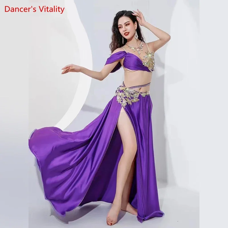 Belly Dance Performance Costume Set for Women Customized Hand Made Stones Bra+split Stain Skirt 2pcs Female Oriental Dance Wear