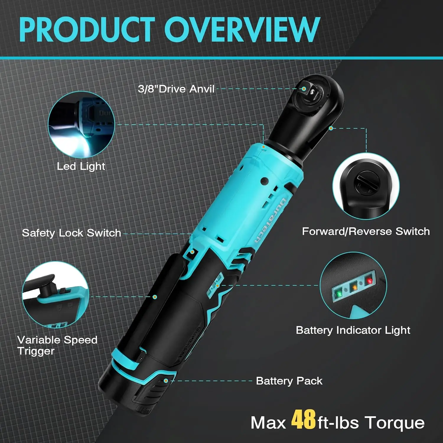 

Набор беспроводных электрических ключей с трещоткой, 48 фунтов, 3/8 дюйма, 12 В, мощный трещоточный ключ с литий-ионным аккумулятором емкостью 2,0 Ач, горячее качество продажи