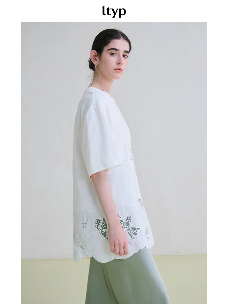 Ltyp Travel Original 100 Combed Cotton Embroidered Hollow out round Neck Loose Fit Summer T Shirt Women Casual Style Short Sl...