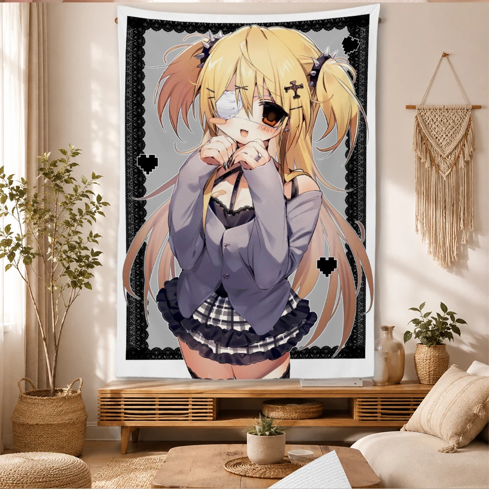 Y2K Grunge Anime Girl Wall Tapestry Lace Frame Black Pixel Heart Print Aesthetic Wall Hanging Cloth Home Decor for Bedroom Dorm