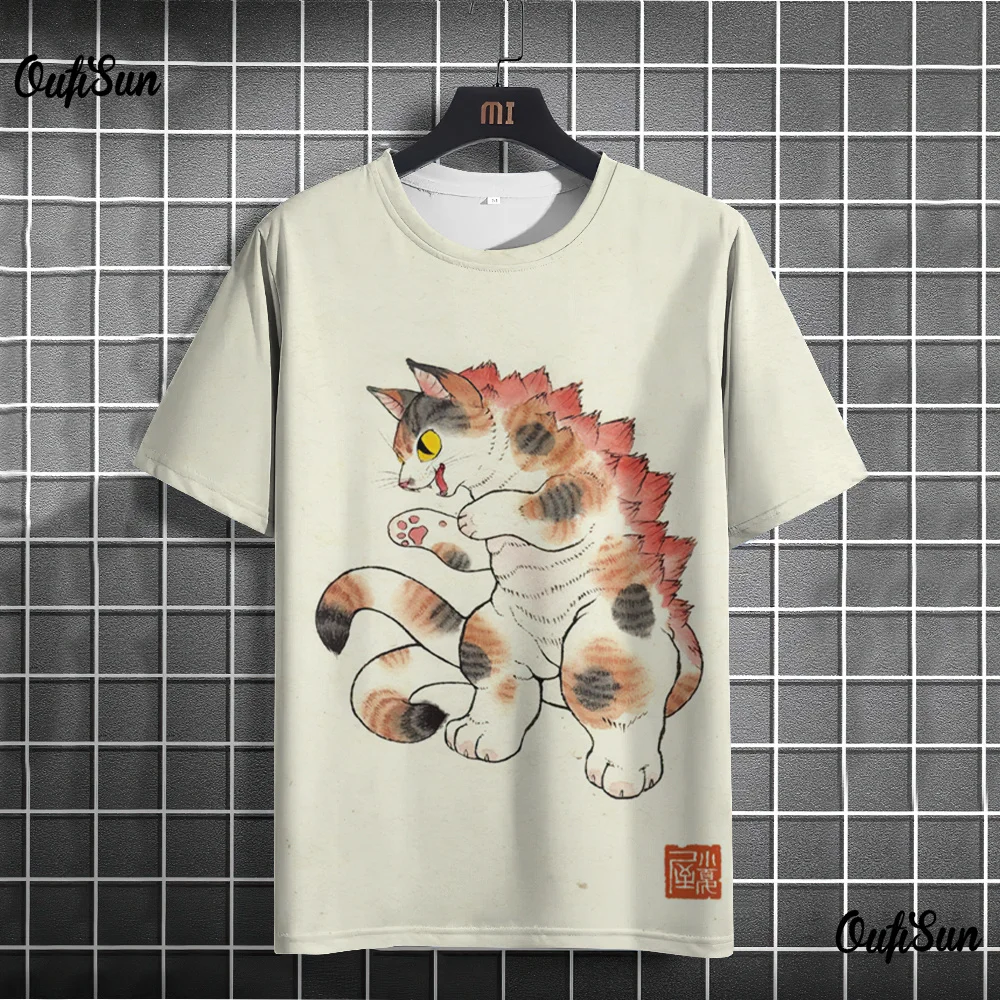 Anime Cat T-shirt For Men Summer O Neck Trendy Short Sleeve Tees Oversized Streetwear Casual Sweatshirt Male Basic Clothing Tops