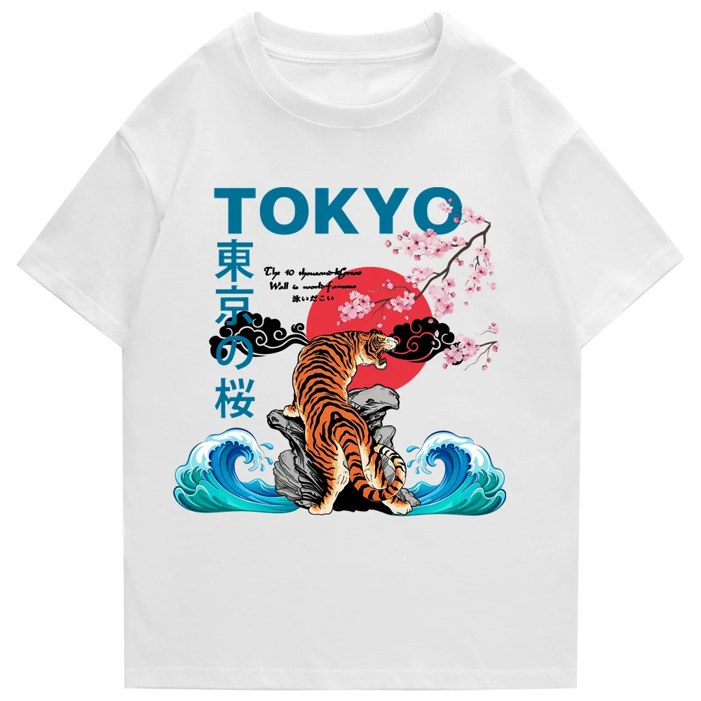 2025 Harajuku T-shirt men and women street wear Japanese Tokyo tiger pattern T-shirt neutral casual summer 100% cotton T-shirt