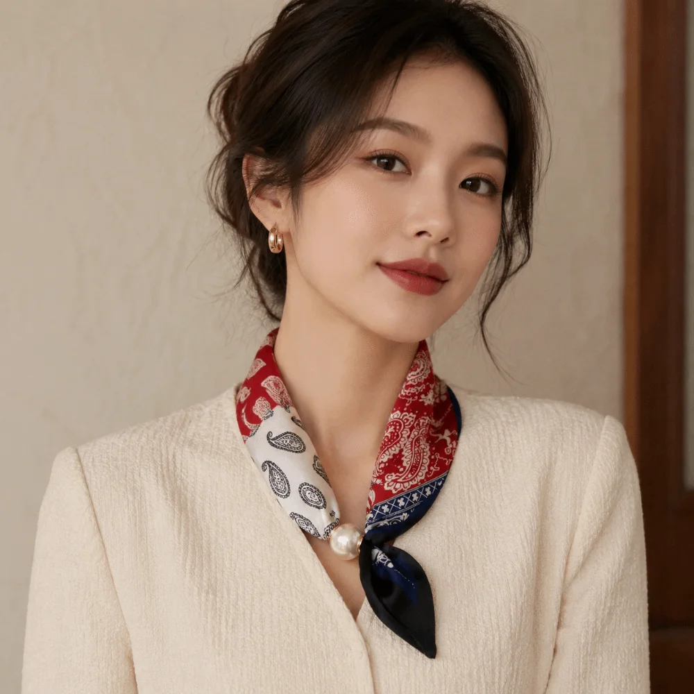 New Breathable Silk Scarf Printed Pearl Buckle Magnetic Snap Scarf Lightweight Soft Faux Pearl Scarf for Neck Wrap view 6