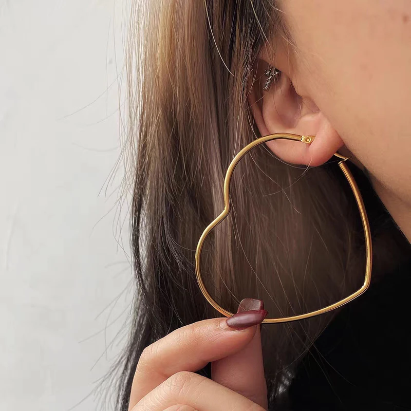 Pendientes de corazón de acero inoxidable para mujer, pendientes de aro grandes exagerados, Color dorado, Hip Hop, Rock, joyería de moda coreana,