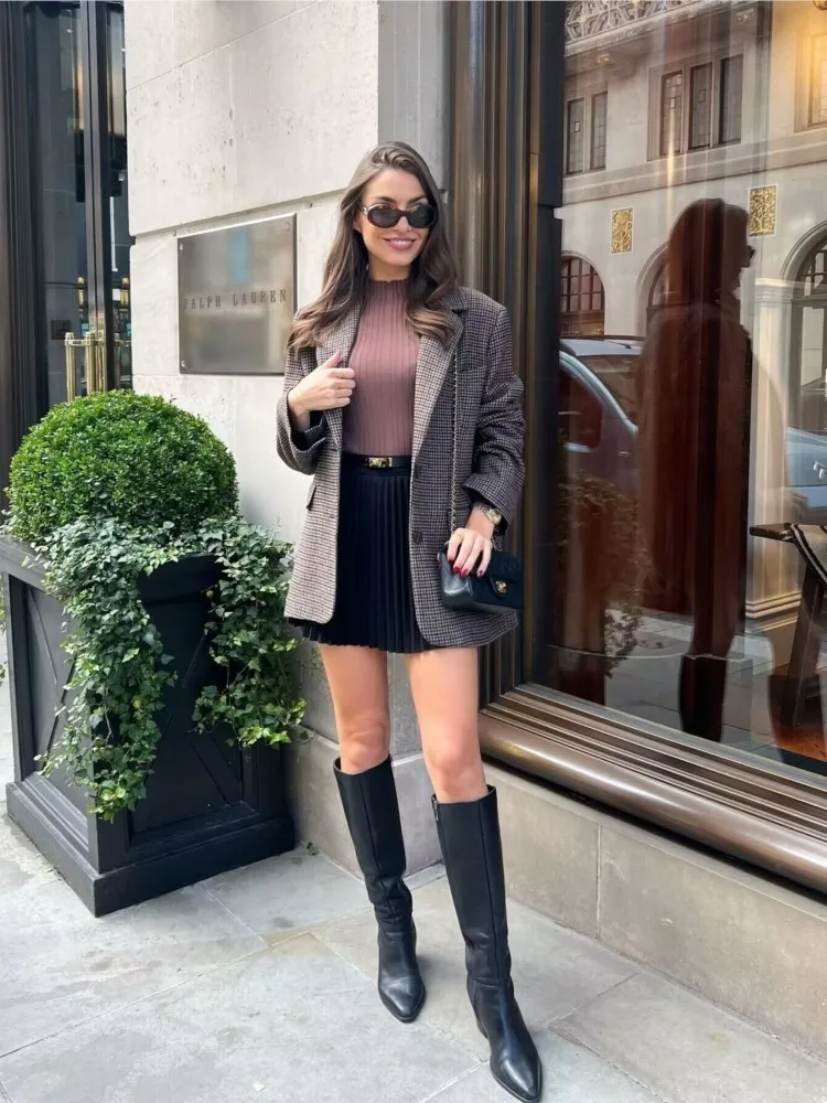 Blazer pied de poule slim da donna autunnale con spalline Top casual da donna a maniche lunghe Cappotti femminili chic