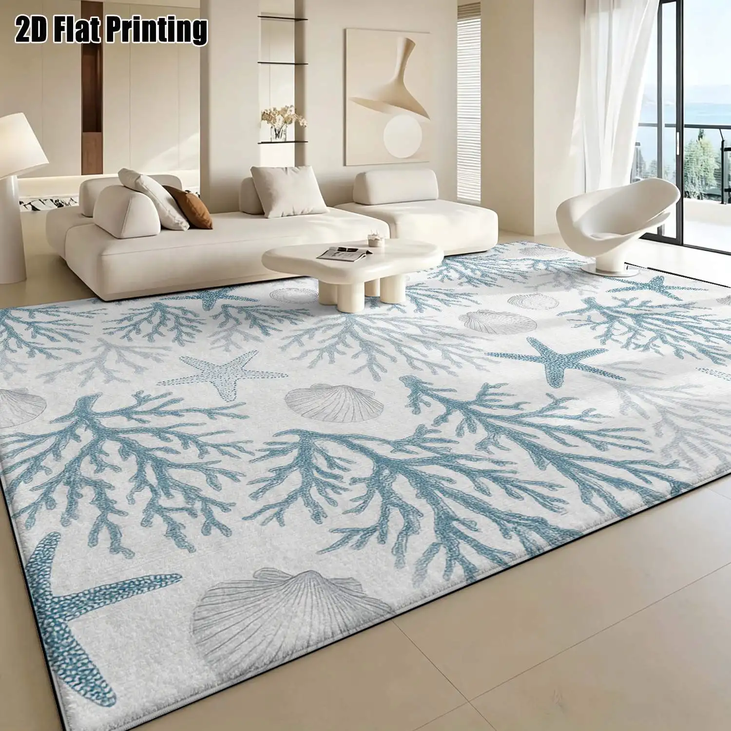 1Pc 2D Printed Carpet: Blue White Marine Life Pattern Nordic Style Instagram-Worthy Rug, Machine Washable, Multi-Size for Home Decor, Multiple Scenes