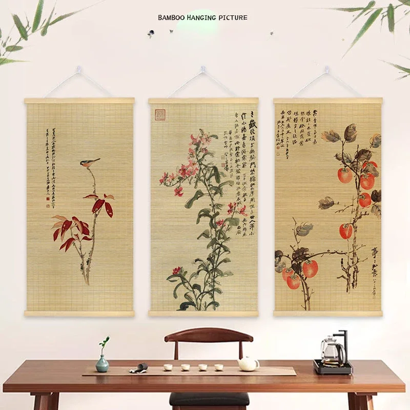Bamboo Mat Japanese Painting Doorway Curtain Cotton Linen Chinese Style Door Curtain Window Treatment Tapestry Shading Decor