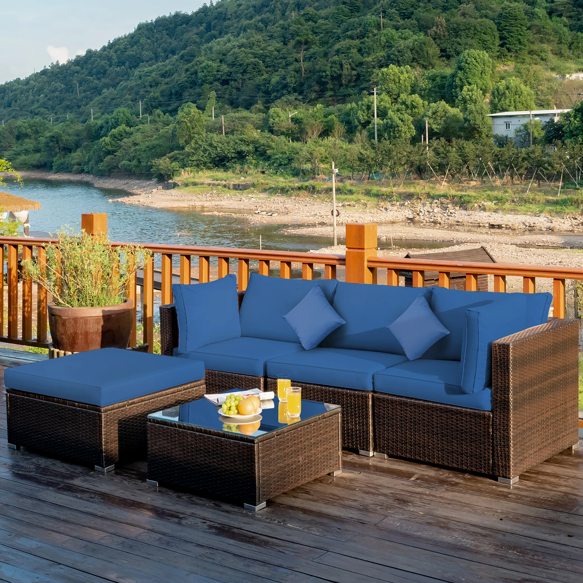 

5PCS Outdoor Patio Rattan Furniture Set Sectional Conversation W/Navy Cushions