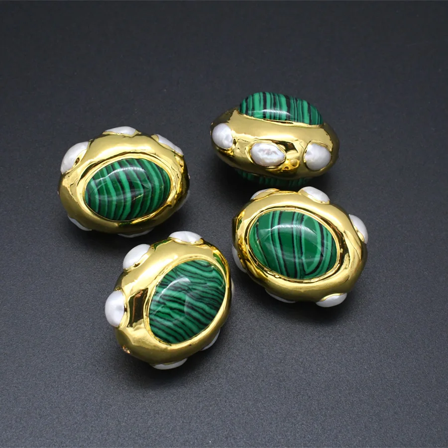 18k Gold Plating Clay Loose Beads Supplier Natural Malachite Freshwater Pearl Oval Shape DIY Beads For Women Jewelry