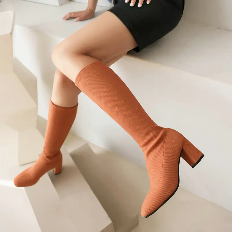 Acrylic Stretch Fabric Bright Orange Green Violet Color Socks Botines Women Shoes Block High Heels Knee-high Sexy Stretchy Boots