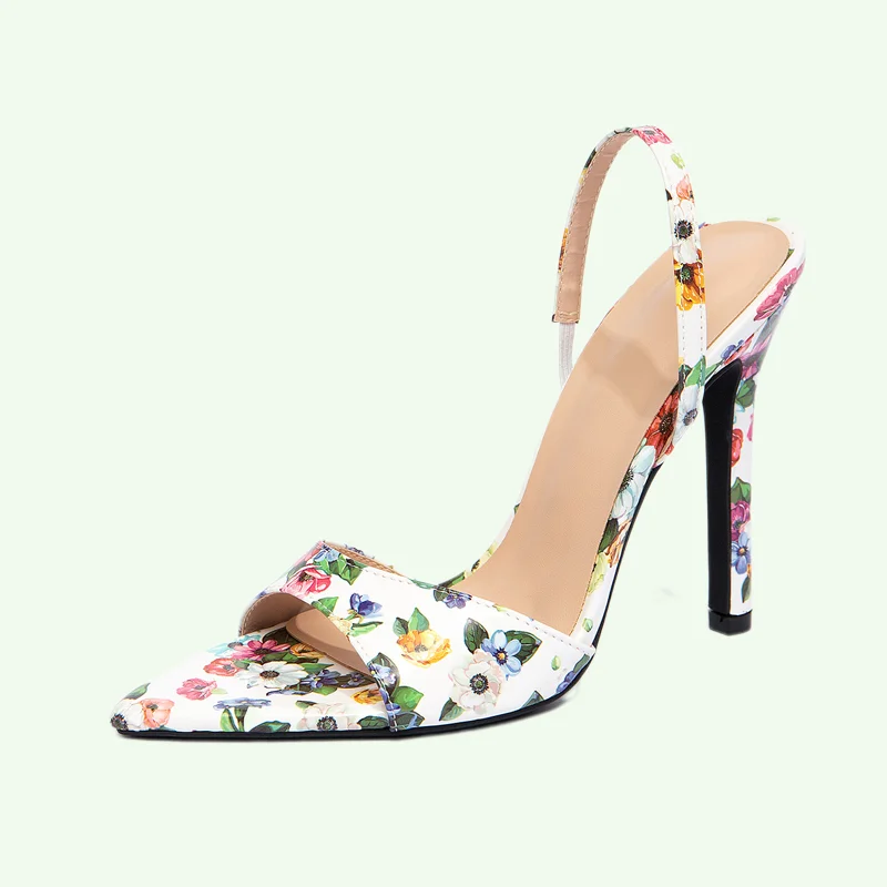 

Летние пикантные вечерние сандалии, женские туфли-лодочки на тонком высоком каблуке 11 см с цветочным принтом и острым носком, вечерние женские модельные туфли для стриптиза, размер 35-43