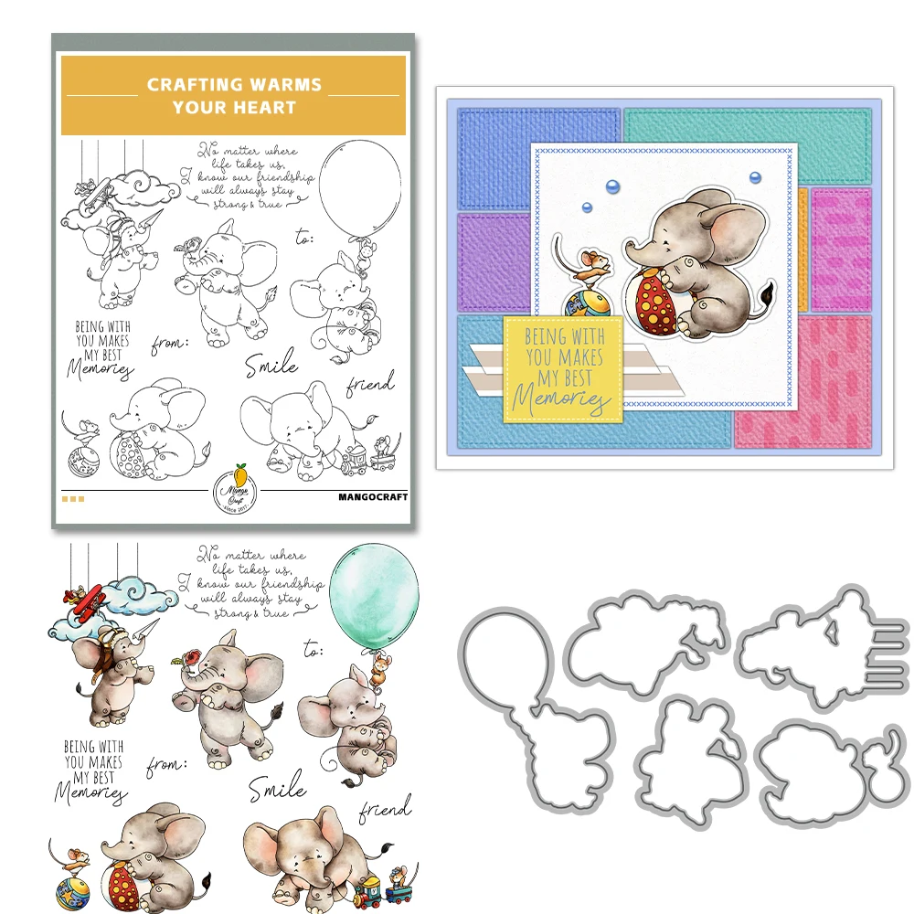 Mangocraft Cute Elephants And Mouse Cutting Dies Clear Stamp DIY Scrapbooking Metal Dies Silicone Stamp For Cards Albums Decor