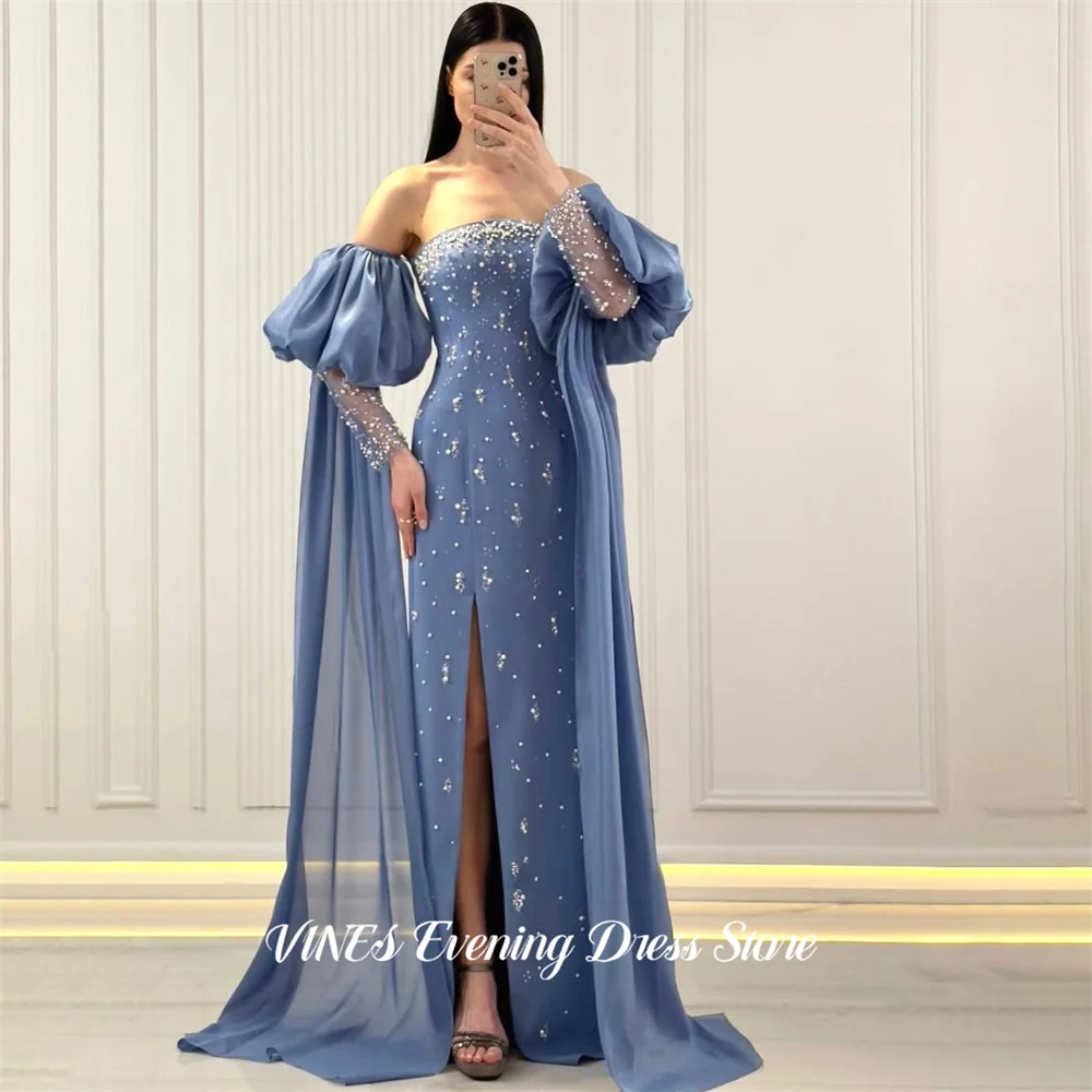 

VINES Dusty Blue Party Dress Off Shoulder Celebrity Dress with Beaded Evening Dress Detachable Puff Sleeve Prom Dress Customized