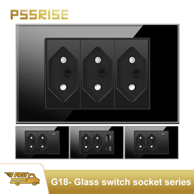 

PSSRISE Black Tempered Glass Standard sockets and switches brazil Switzerland Usb Type C Wall Socket Light Switch tomada vidro