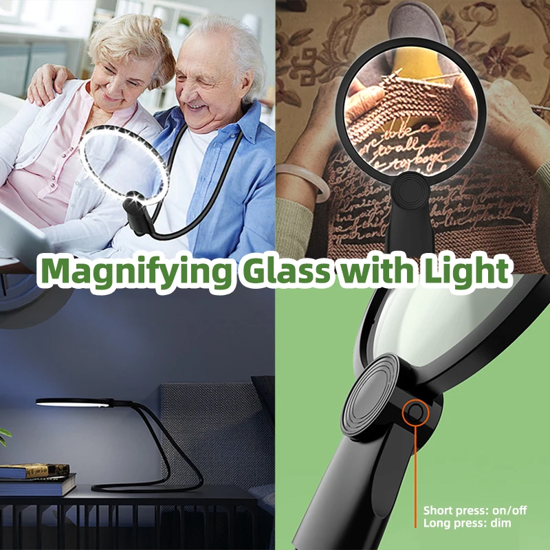 

Magnifier for Low Vision Elderly: 5X Hands Free Neck Wear Magnifying Glass with Light for Reading Sewing Seniors - Vision Aid