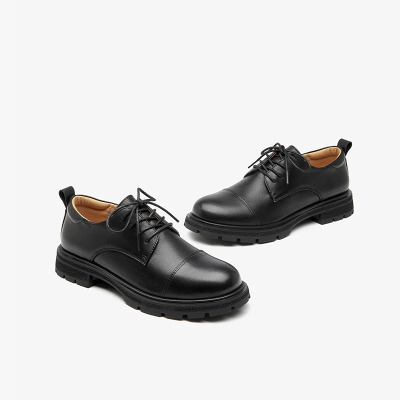 Beau Today Derby Shoes Women Round Toe Lace Up Genuine Leather Square Heel Casual Female Oxford Handmade 21529