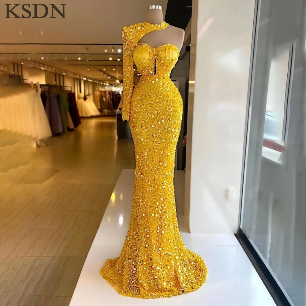 KSDN squisiti abiti da sera gialli formali con paillettes manica lunga Sweep Train sirena occasioni speciali abiti da donna