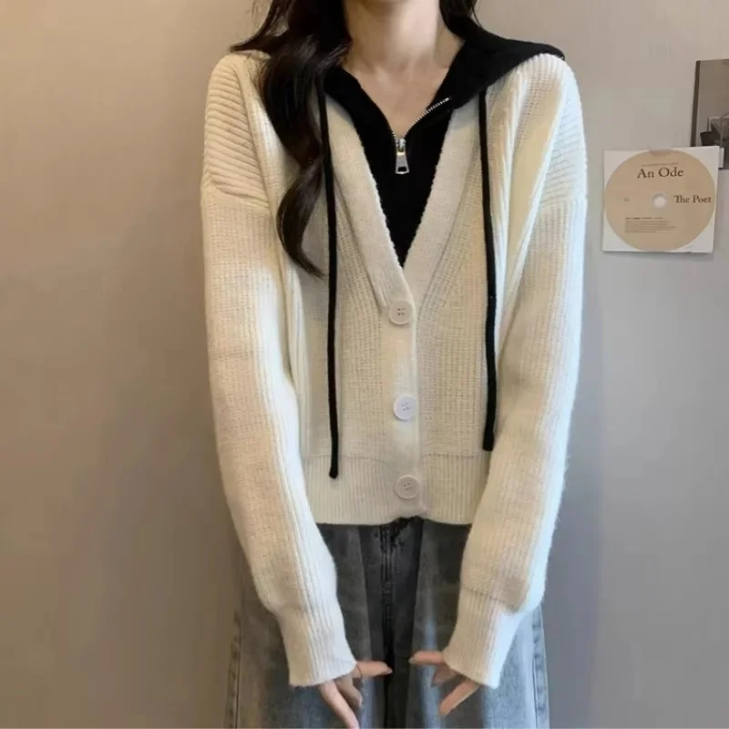 Short Hooded Knitting Cardigan Sweater Jacket Women Spring Autumn Korean Long-Sleeve Loose Fake Two-Piece Design Coat Female Top