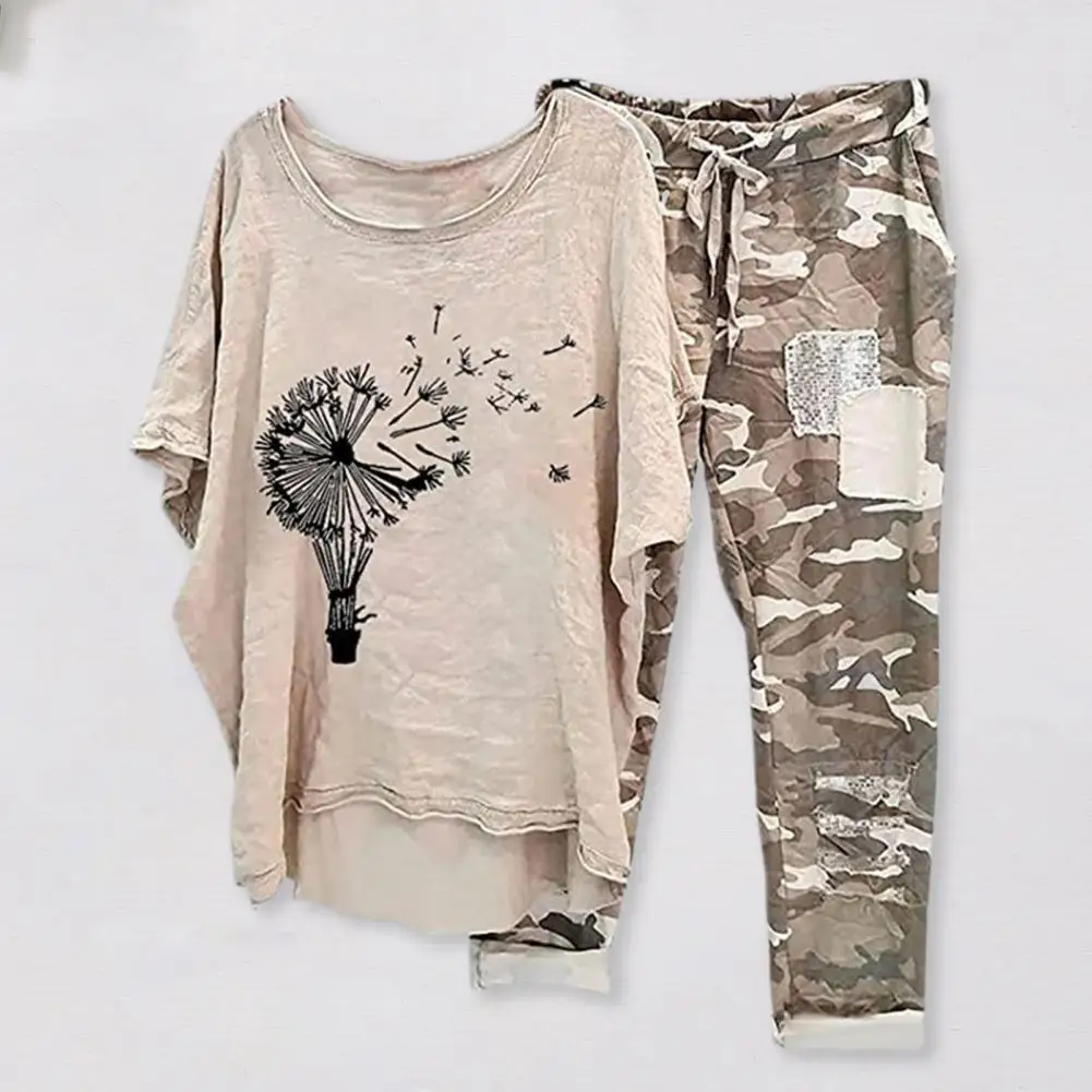 Women Top Pants Suit Flower Camouflage Print Top Pants Set Irregular Hem Short Sleeves T-shirt Drawstring Trousers Casual Suit