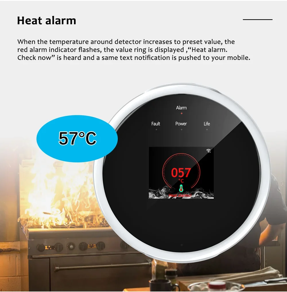 ACJ WiFi LPG GAS Leakage Natural Combustible Detector Smart LED Screen Gas Leak Sensor Alarm Home Security System for Kitchen