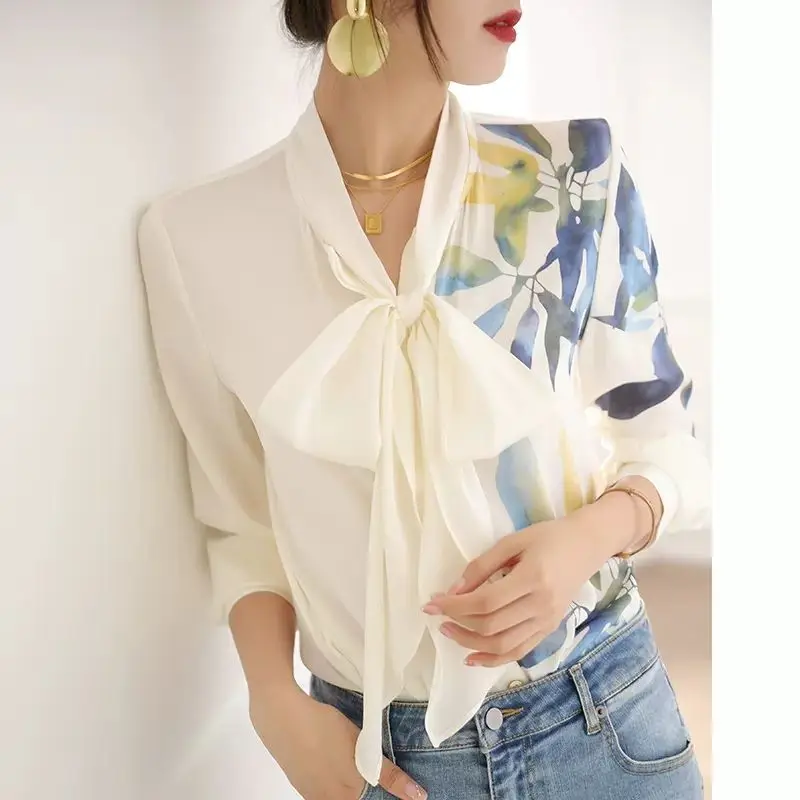 

Elegant V-Neck Printed Lace Up Bow Chiffon Blouse Women Clothing 2022 Autumn New Loose Casual Pullovers Office Lady Shirt