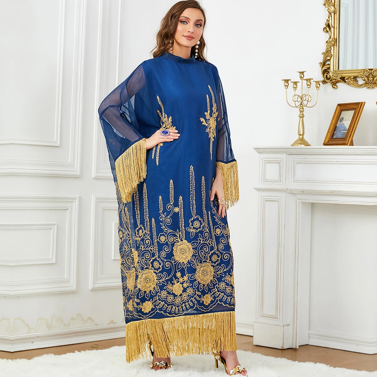 BNSQ 2024 New Eid Ramadan Muslim Women Abayas Embroidery Leisure Home Dresses Morocco Kaftan Dubai Robe With Tassel