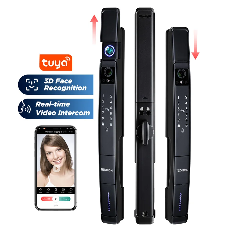 Tediton waterproof WiFi Tuya Face Recognition sliding biometric fingerprint video door phone intercom smart locks compatible