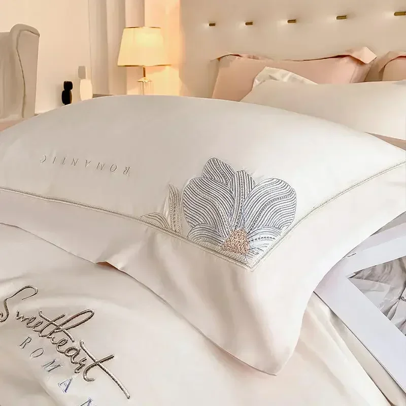 Embroidery 100% Cotton Bedding Set Luxury Home Textile Duvet Cover Set 220x240 High End Hepburn Style Skin Friendly Bedding Set