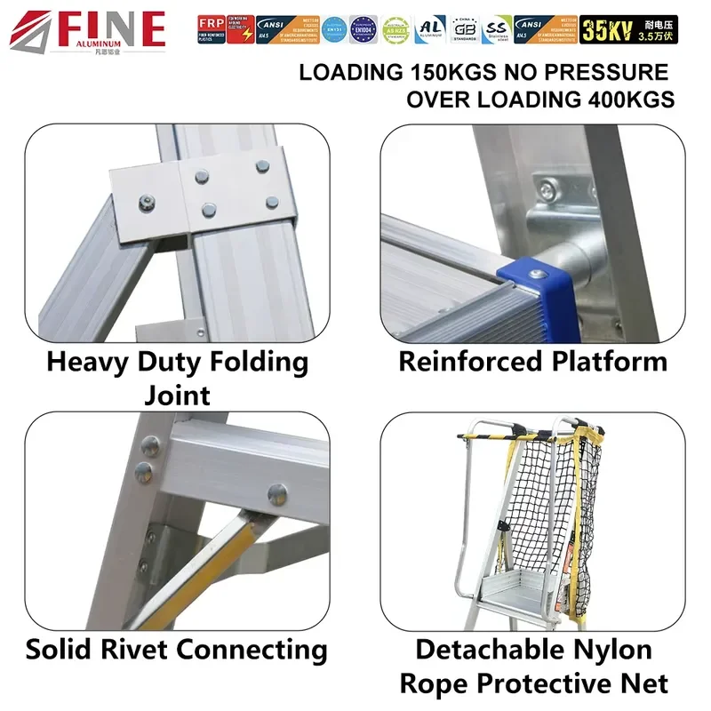 Aluminum Platform Ladder Multi-Purpose Folding Step Ladder Safety Rail Wheels CE Certified 150kg Capacity Modern Staircase