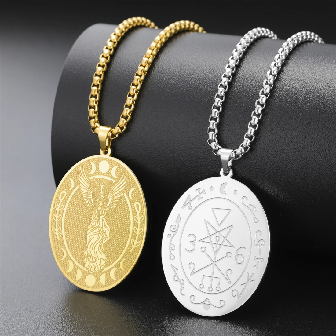 EUEAVAN ليليث آلهة Sigil قلادة للنساء رجل خمر مرحلة القمر تميمة سلسلة بدلاية على الوجهين شخصية مجوهرات Gif